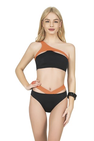Endeep Kadın Tek Omuz Turuncu Detaylı Bikini Takımı