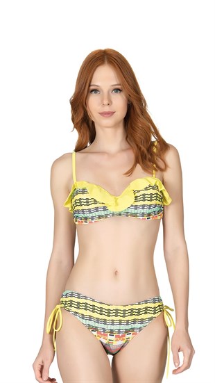 Endeep Kadın Sarı Desenli Straplez Bikini Takımı