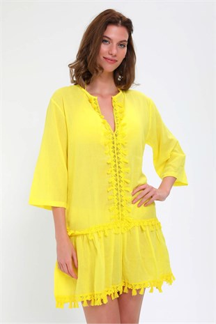 Endeep Kadın Püskül Detaylı Sarı Plaj Kıyafeti