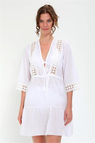 Endeep Kadın Kol Ucu Delik İşlemeli Beyaz Plaj Elbisesi